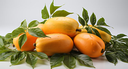 Papaya fruit with green leaves on a white background, studio shotの素材