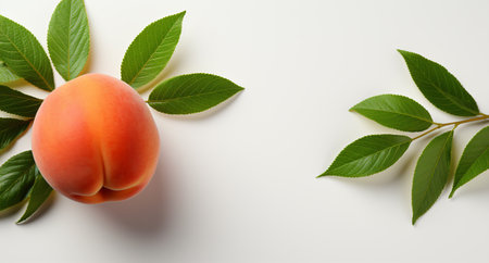 Fresh apricot with green leaves on white background, top viewの素材