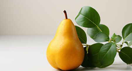 Ripe yellow pear with green leaves on a light background, close-upの素材