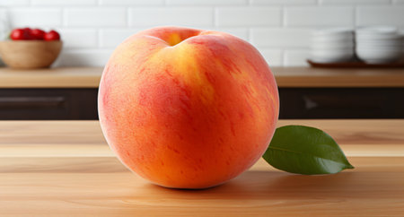 Fresh ripe peach on wooden table in kitchen, closeup. Space for textの素材