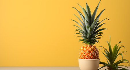 Pineapple in a pot on a yellow background with copy spaceの素材