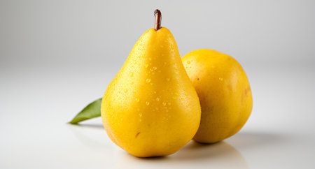 Two yellow pears on a white background with water droplets.の素材