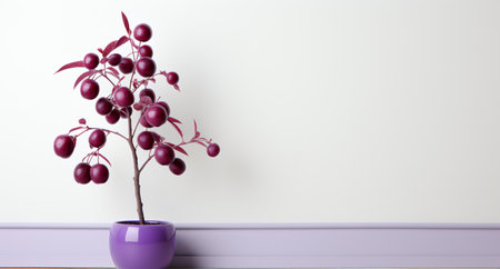 Bouquet of red berries in a purple vase on a white wall backgroundの素材