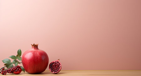 Ripe pomegranate fruit with green leaves on wooden table and pink backgroundの素材