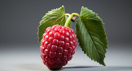 Ripe raspberry with green leaf on a gray background. Close-up.の素材