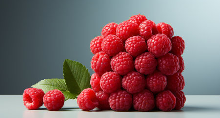 Raspberries with leaves on gray background. 3d illustration.の素材
