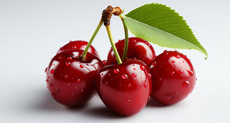 Red cherries with water drops on a white background. Close-up.の素材