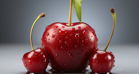 Cherry with water drops on a gray background. 3d illustrationの素材