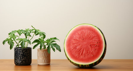 Watermelon and potted plants on a wooden table against a white wallの素材