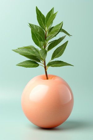 Branch of a green plant in an orange ceramic vase.の素材