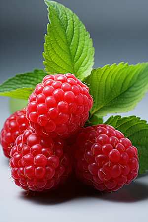 Ripe raspberries with green leaves on a gray background.の素材