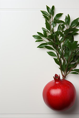 Pomegranate with green leaves on a white background. Copy space.の素材