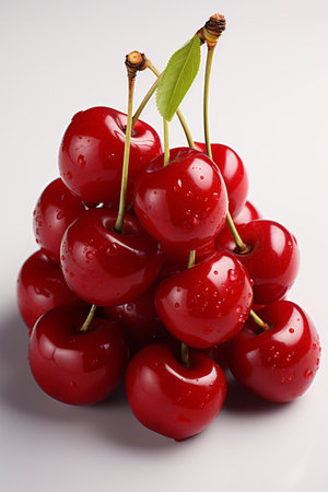 Ripe red cherries with water drops on a white background.の素材