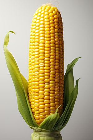 Fresh corn on the cob with green leaves on a gray background.の素材