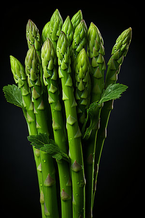 Bunch of fresh green asparagus on a black background.の素材