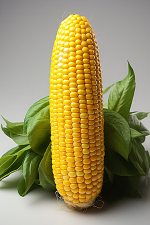 Fresh corn on the cob with green leaves on a gray background.の素材