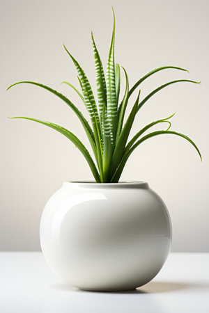 Aloe vera plant in a white vase on a white backgroundの素材