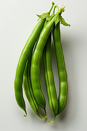 Fresh green beans with water drops on a white background, top viewの素材