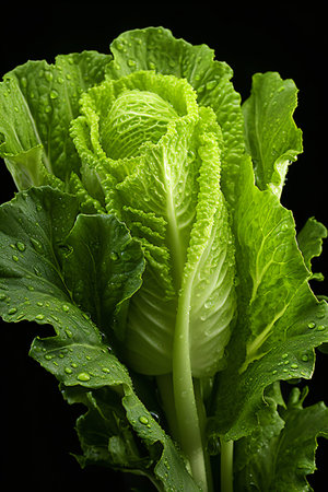 Fresh lettuce with water drops on black background. Shallow depth of field.の素材