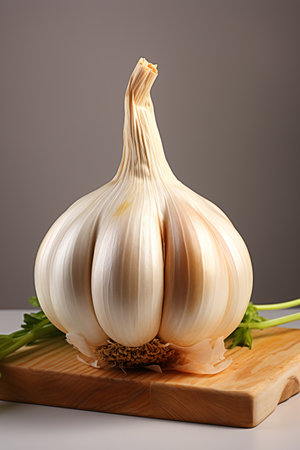 garlic on a cutting board on a gray background. vertical photoの素材