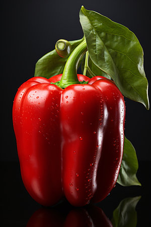 Red pepper with green leaves on a black background. Studio shot.の素材