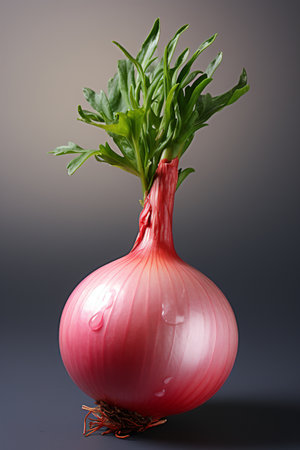 Red onion with arugula on a gray background. Studio photography.の素材