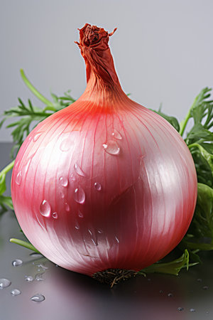 Red onion with water drops on a gray background. Studio shot.の素材