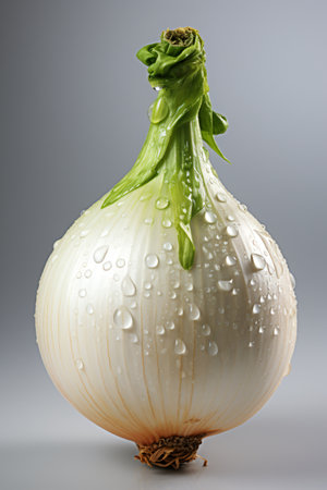 White onion with water drops on a gray background. Studio shot.の素材
