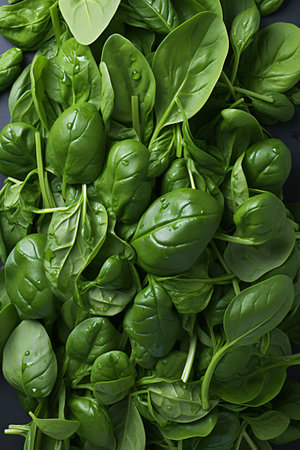Fresh green spinach leaves on black background, top view. Healthy foodの素材