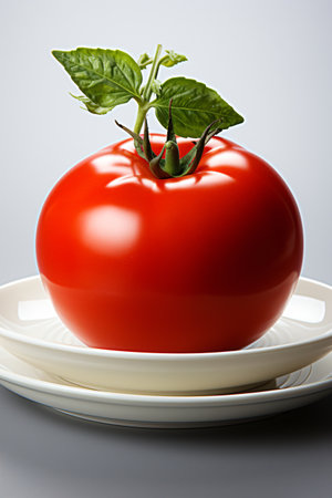 Tomato with basil on a white plate on a gray background.の素材