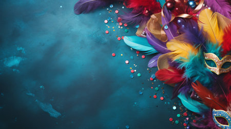 Mardi gras background with colorful feathers and beads. top viewの素材