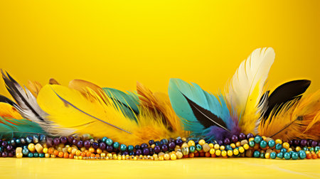 Colorful feathers and beads on a yellow background. Place for text.の素材