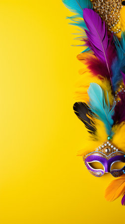 Mardi Gras carnival mask with feathers on yellow background.の素材