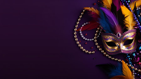 Carnival mask with feathers and beads on purple background, copy spaceの素材