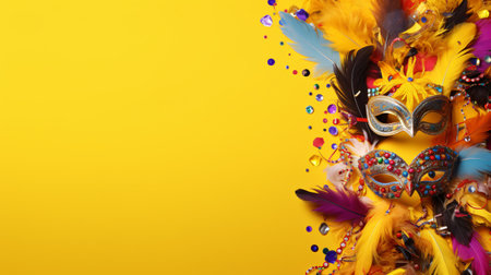 Carnival mask with feathers on yellow background. Copy space.の素材