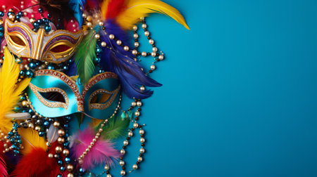 Mardi gras mask with feathers and beads on blue background.の素材