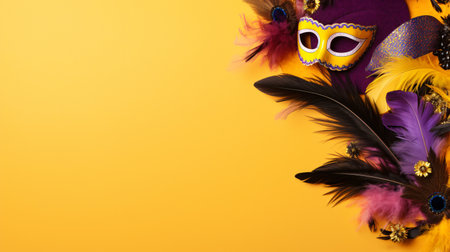 Mardi Gras carnival mask with feathers on yellow background.の素材