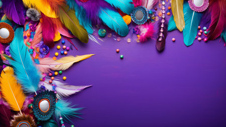Colorful feathers and beads for Mardi Gras party on purple backgroundの素材