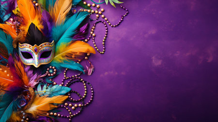 Mardi gras mask with feathers and beads on purple background.の素材
