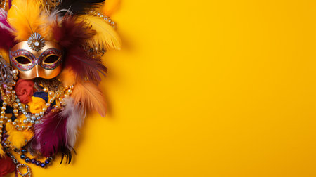 Carnival mask with feathers and beads on yellow background, copy spaceの素材