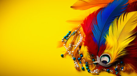 Colorful feathers and beads on yellow background. Dreamcatcher.の素材