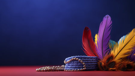 Colorful feathers and beads on a dark background. Boho style.の素材