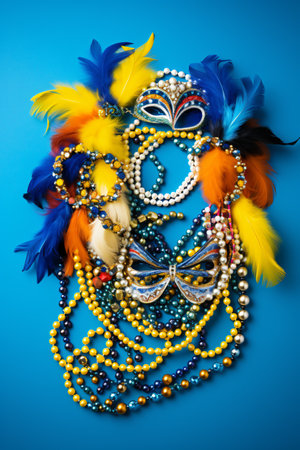 Mardi Gras mask with feathers and beads on blue background.の素材