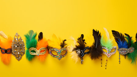 Colorful carnival masks on yellow background. Top view with copy spaceの素材