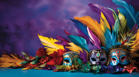 Composition with carnival mask and feathers on color background. Celebration conceptの素材