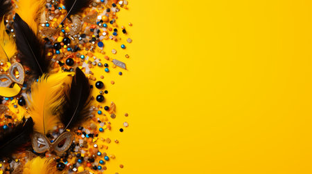 Beautiful carnival masks and beads on yellow background, top viewの素材