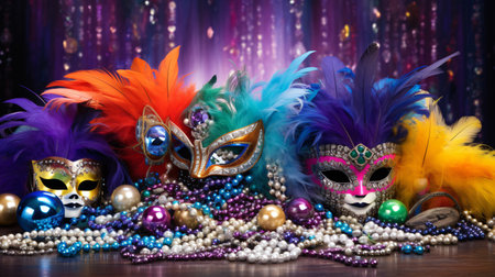 Carnival masks with beads and pearls on a dark backgroundの素材