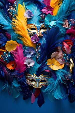 Colorful carnival masks with flowers and beads on blue background.の素材