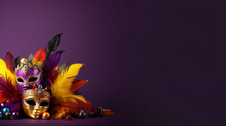 Carnival masks with feathers on purple background. Copy space.の素材