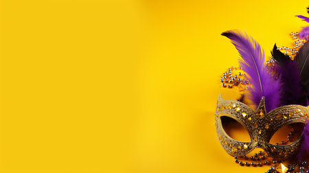 Mardi gras carnival mask with feathers on yellow background.の素材